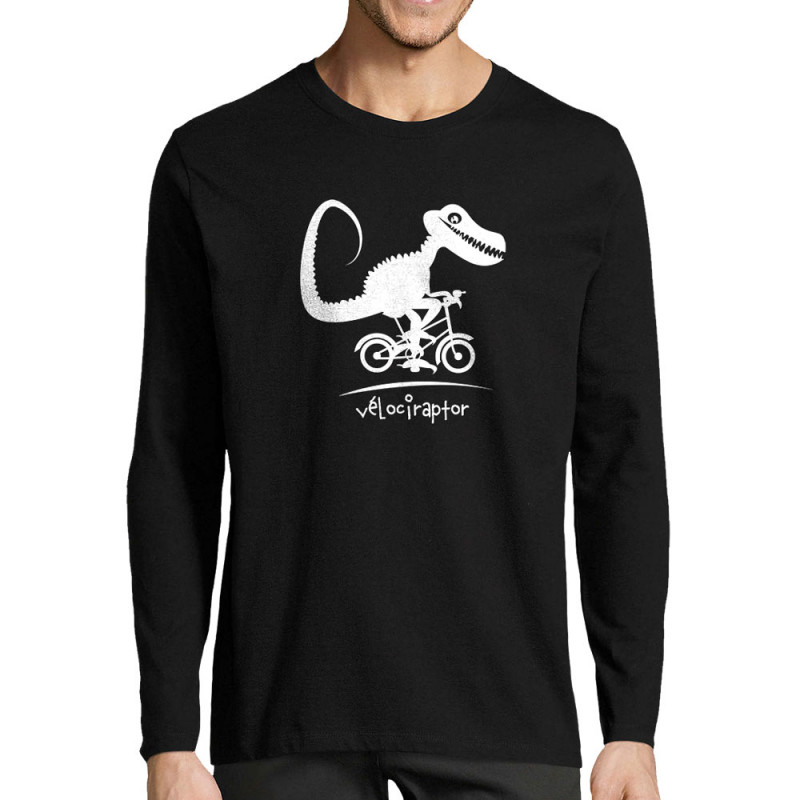 T-shirt homme manches longues noir Vélociraptor (Andy,Humour,Animaux,Vélo)