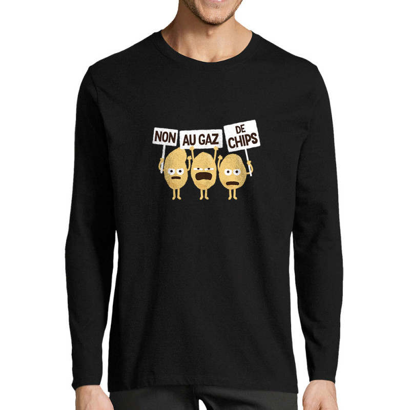 T-shirt homme manches longues noir Non au gaz de chips (Alex Kidd,Humour,Fruits & Légumes)