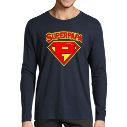T-shirt homme manches longues bleu marine Super Papa (Gondrax,Slogans Débiles,Humour,Fête des pères,Détournements,Papa Maman Pap