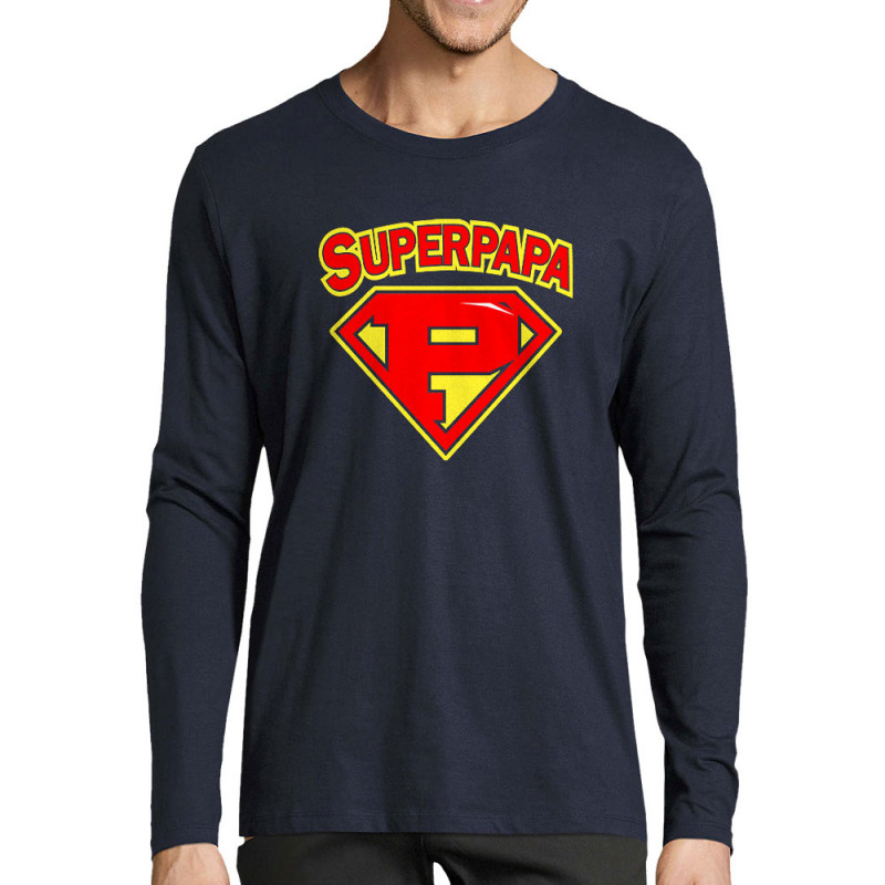T-shirt homme manches longues bleu marine Super Papa (Gondrax,Slogans Débiles,Humour,Fête des pères,Détournements,Papa Maman Pap
