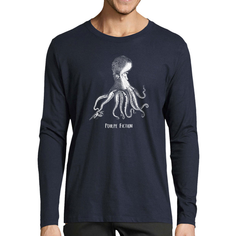 T-shirt homme manches longues bleu marine Poulpe Fiction (Gondrax,Les Bébêtes,Animaux,Films/Séries)
