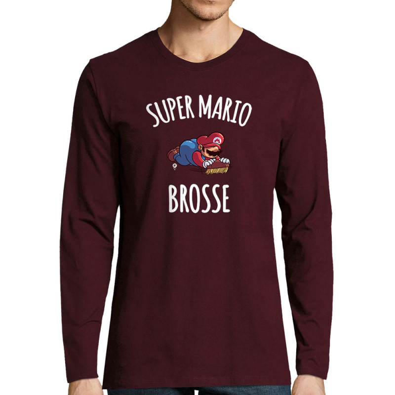 T-shirt homme manches longues bordeaux Super Mario brosse (A²,Humour,Jeux Vidéo / Geek)