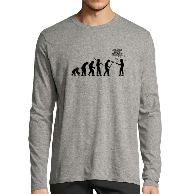 T-shirt homme manches longues gris chiné Arrêtez de me suivre (Gondrax,Humour,Evolution)
