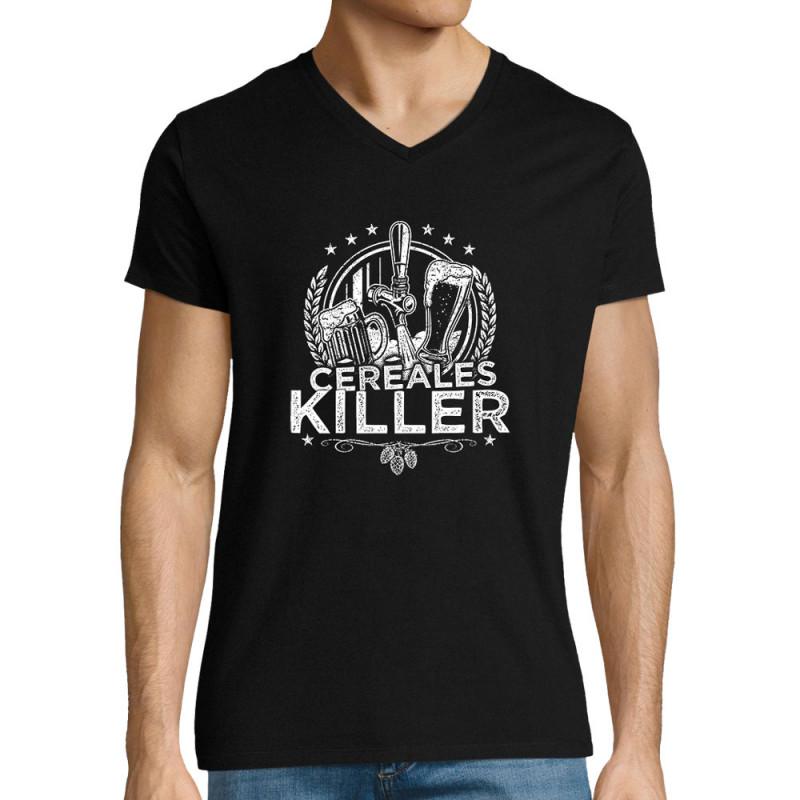 T-shirt homme col V noir Céréales Killer 2 (Gondrax,Alcool,Humour)