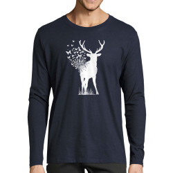 T-shirt homme manches longues bleu marine Deer Butterfly (Caffein Art,Animaux,Ethnique)