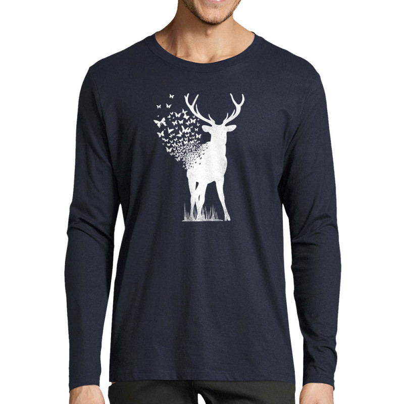 T-shirt homme manches longues bleu marine Deer Butterfly (Caffein Art,Animaux,Ethnique)