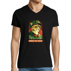 T-shirt homme col V noir Miaou Tse Toung (Animaux,Humour,Chats)
