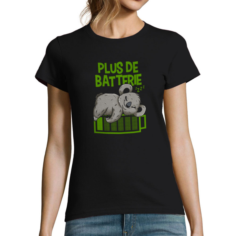 T-shirt femme noir Plus de batterie koala (Animaux,Humour,Manga Kawaï japan,Bébés,Paresse)
