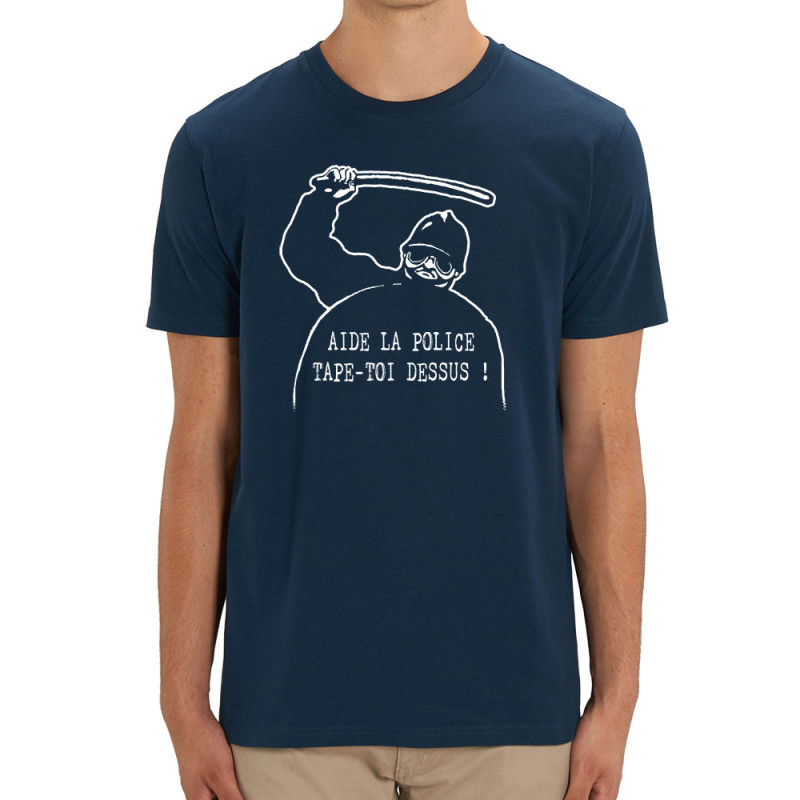 T-shirt homme coton bio bleu marine Aide la police (Slogans engagés,Humour)