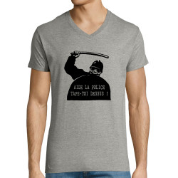 T-shirt homme col V gris chiné Aide la police (Slogans engagés,Humour)