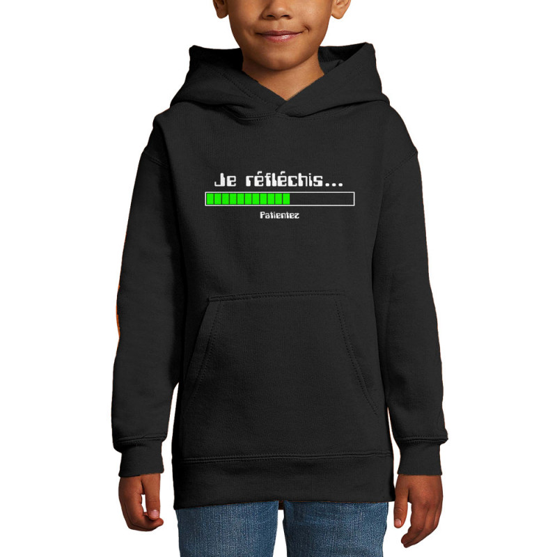 Sweat enfant à capuche noir Je réfléchis Patientez (Gondrax,Jeux Vidéo / Geek,Humour,Des chiffres et des lettres,Devoirs de vaca