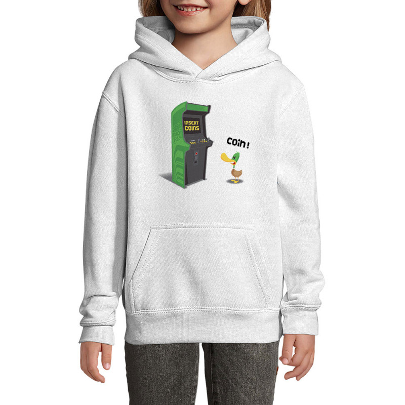 Sweat enfant à capuche blanc Insert Coins (Ted Boundy,Animaux,Humour,Jeux Vidéo / Geek)