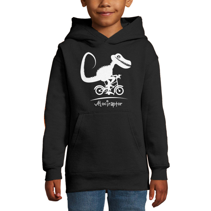 Sweat enfant à capuche noir Vélociraptor (Andy,Humour,Animaux,Vélo)