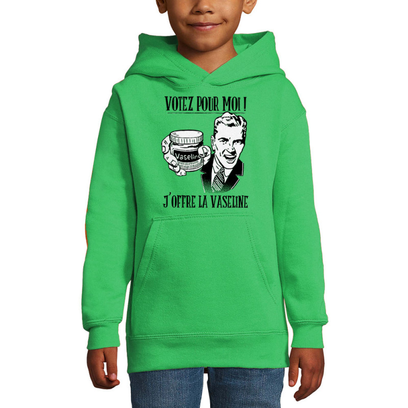 Sweat enfant à capuche vert prairie Votez pour moi Vaseline (Gondrax,Slogans engagés,Elections)