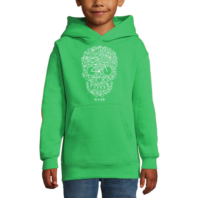 Sweat enfant à capuche vert prairie Bike or Death (Caffein Art,Ecologie,Têtes de morts,Vélo)