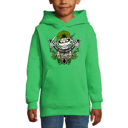 Sweat enfant à capuche vert prairie Free Party Never Die (E Cone,teufeur)
