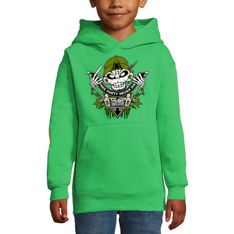 Sweat enfant à capuche vert prairie Free Party Never Die (E Cone,teufeur)