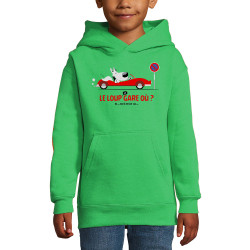 Sweat enfant à capuche vert prairie Le Loup se gare où (Pandaluna,Animaux,Humour)
