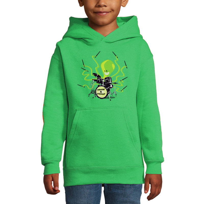 Sweat enfant à capuche vert prairie Poulpy Drum (Animaux,Humour,Ted Boundy)