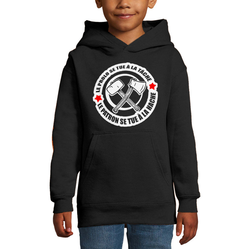 Sweat enfant à capuche noir Le prolo se tue à la tâche (Slogans engagés)