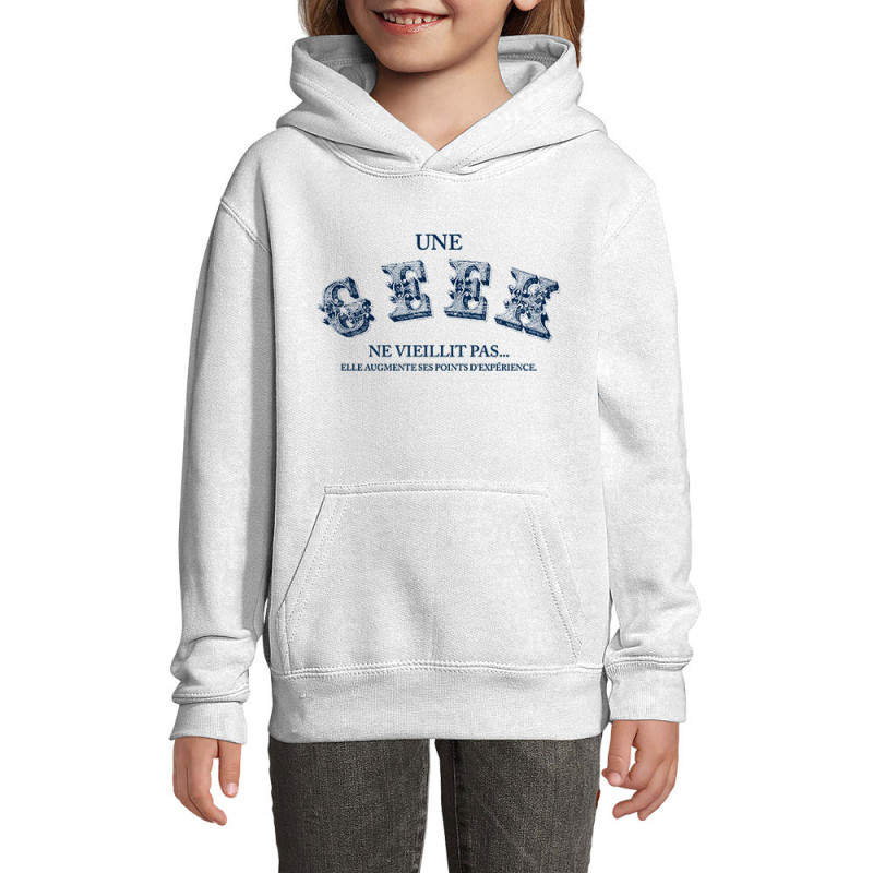 Sweat enfant à capuche blanc Une geek ne vieillit pas (Jeux Vidéo / Geek,Humour)