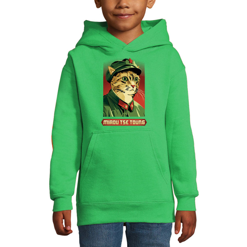 Sweat enfant à capuche vert prairie Miaou Tse Toung (Animaux,Humour,Chats)