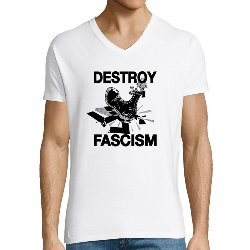T-shirt homme col V blanc Destroy Fascism (Slogans engagés)