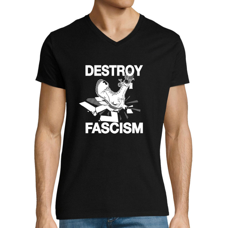 T-shirt homme col V noir Destroy Fascism (Slogans engagés)