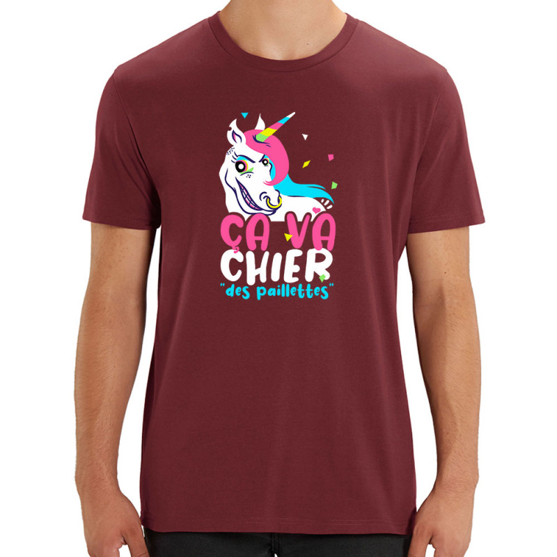 T-shirt homme coton bio bordeaux Ca va chier des paillettes 2 (Zewa,Animaux,Humour)