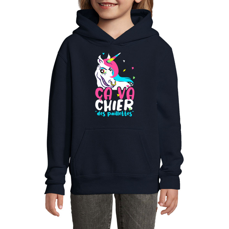 Sweat enfant à capuche bleu marine Ca va chier des paillettes 2 (Zewa,Animaux,Humour)
