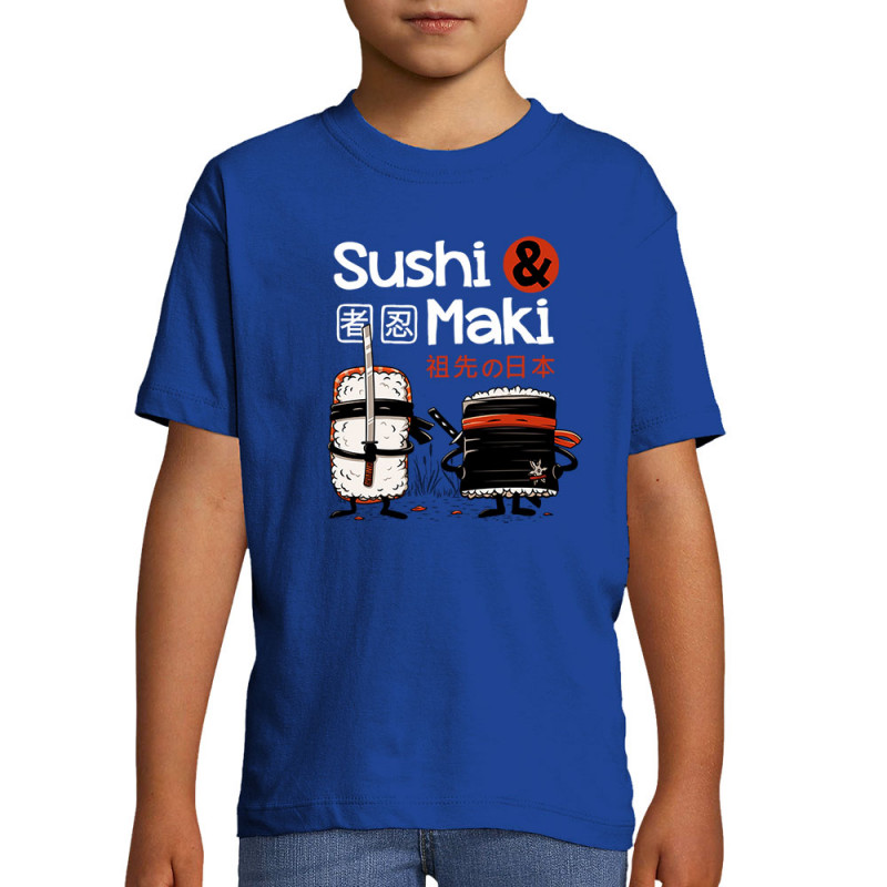 T-shirt enfant bleu royal Sushi et Maki (Le Duc,Fruits & Légumes,Humour,Manga Kawaï japan)