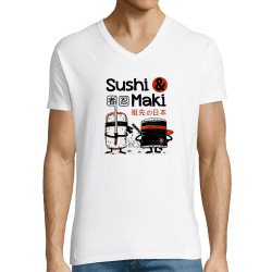 T-shirt homme col V blanc Sushi et Maki (Le Duc,Fruits & Légumes,Humour,Manga Kawaï japan)