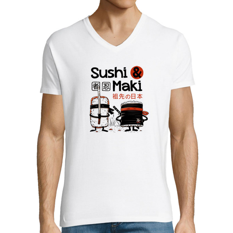 T-shirt homme col V blanc Sushi et Maki (Le Duc,Fruits & Légumes,Humour,Manga Kawaï japan)