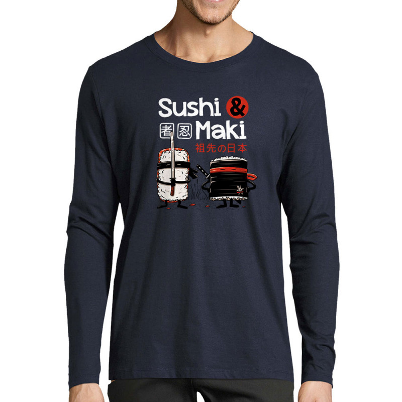 T-shirt homme manches longues bleu marine Sushi et Maki (Le Duc,Fruits & Légumes,Humour,Manga Kawaï japan)