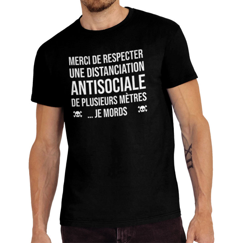 Tee-shirt homme noir Distanciation Antisociale (Gondrax,Slogans Débiles,Humour)