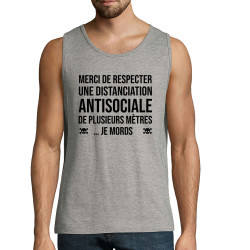 Débardeur homme gris chiné Distanciation Antisociale (Gondrax,Slogans Débiles,Humour)