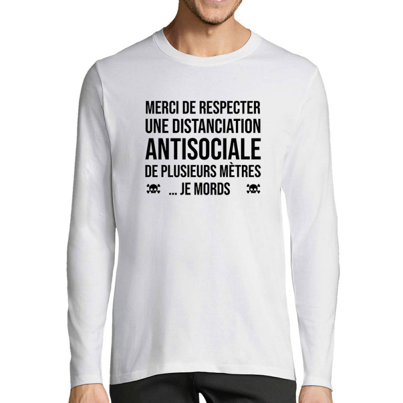 T-shirt homme manches longues blanc Distanciation Antisociale (Gondrax,Slogans Débiles,Humour)