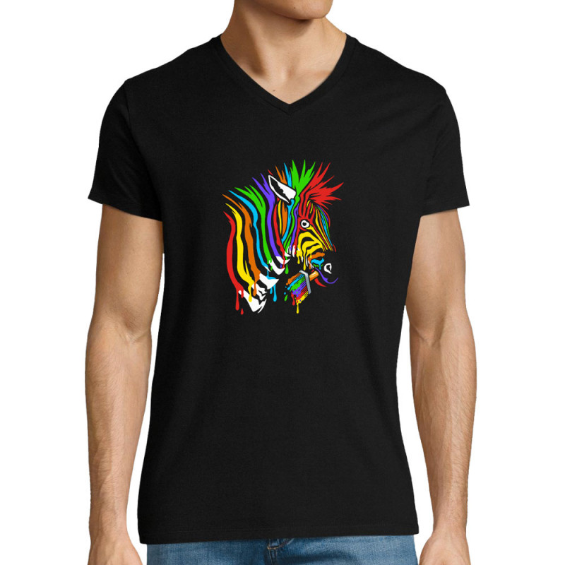 T-shirt homme col V noir Zèbre Anticonformiste (Zewa,Animaux)