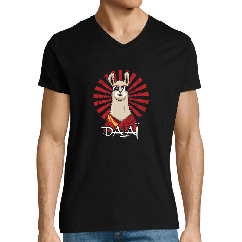 T-shirt homme col V noir Dalaï Lama (Le Duc,Animaux,Humour)