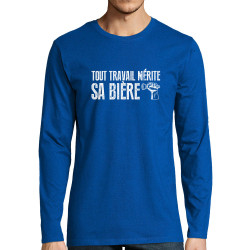 T-shirt homme manches longues bleu royal Tout travail mérite sa bière (Andy,Alcool,Slogans Débiles)