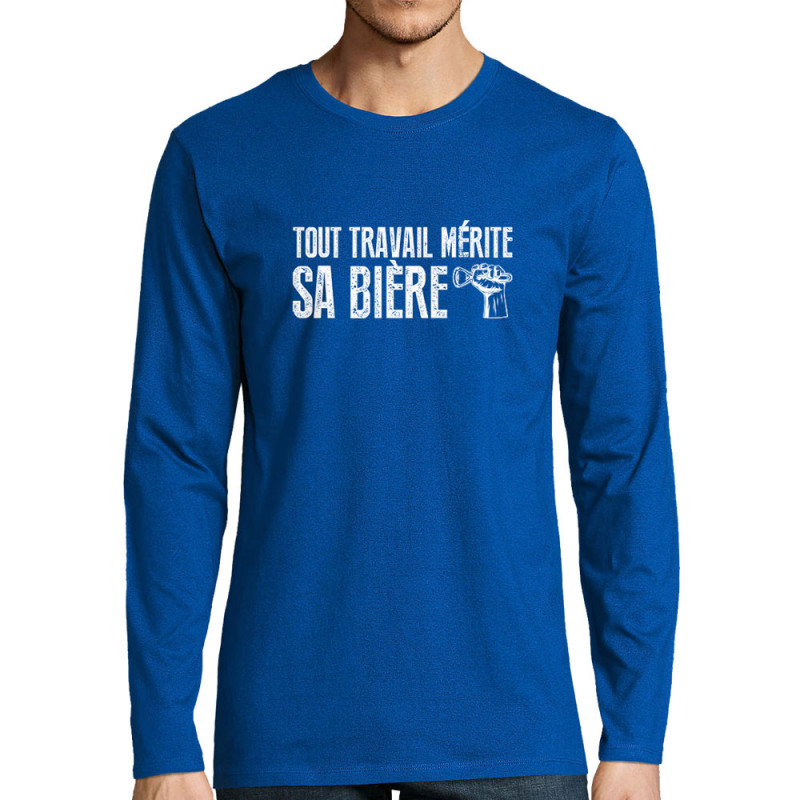 T-shirt homme manches longues bleu royal Tout travail mérite sa bière (Andy,Alcool,Slogans Débiles)