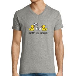 T-shirt homme col V gris chiné Conflit de canards (Animaux,Humour,El Zorro)