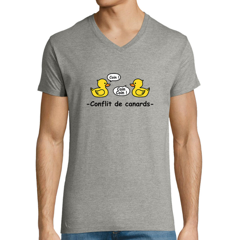 T-shirt homme col V gris chiné Conflit de canards (Animaux,Humour,El Zorro)