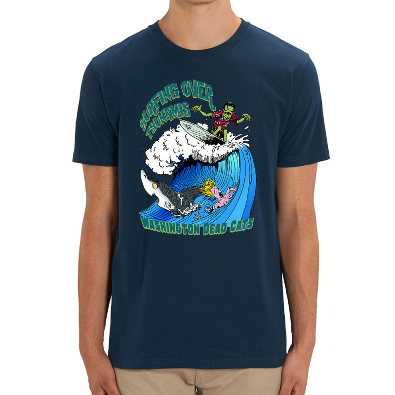 T-shirt homme coton bio bleu marine Surfing Over Tsunamis (Washington Dead Cats,Skate)