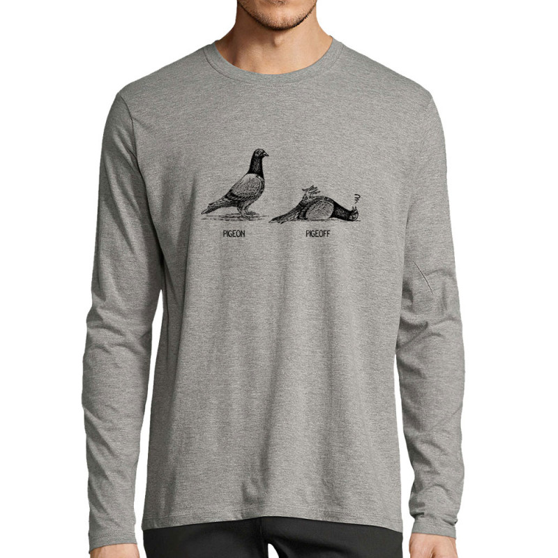 T-shirt homme manches longues gris chiné Pigeon Pigeoff (Gondrax,Les Bébêtes,Humour,Animaux)