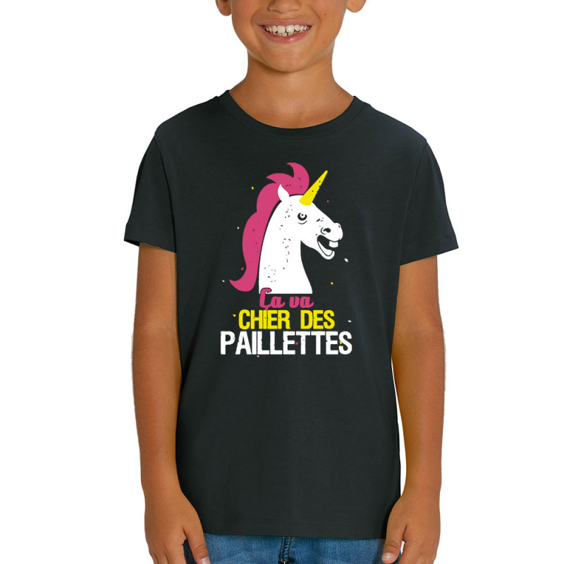 T-shirt enfant coton bio noir Ca va chier des paillettes (Animaux,Humour,Amazon,Zewa)