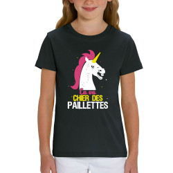 T-shirt enfant coton bio noir Ca va chier des paillettes (Animaux,Humour,Amazon,Zewa)