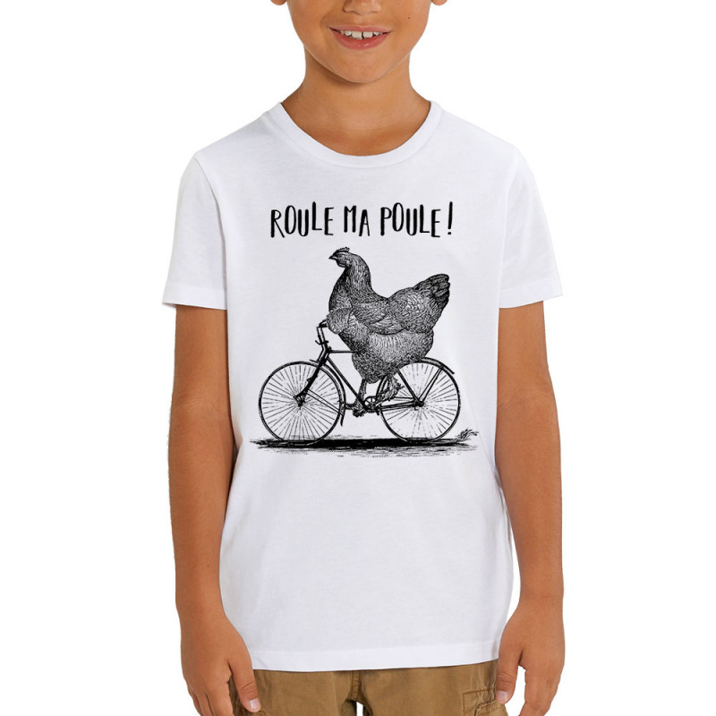 T-shirt enfant coton bio blanc Roule ma poule (Gondrax,Les Bébêtes,Animaux,Vélo)