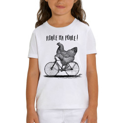 T-shirt enfant coton bio blanc Roule ma poule (Gondrax,Les Bébêtes,Animaux,Vélo)