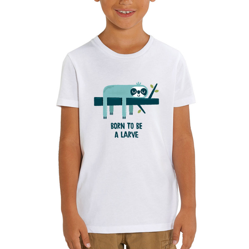 T-shirt enfant coton bio blanc Born to be a Larve (Alex Kidd,Animaux,Humour,Paresse)